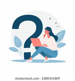 Illustration Woman with laptop and question mark. These illustrations can be used for various purposes, such as graphic design, animation, and learning media. Flat design style