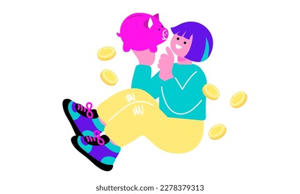 Illustration of a woman laughing with a piggy bank on her palm