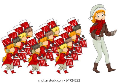 Illustration of a Woman Leading 12 Drummers Drumming (12 of 12)