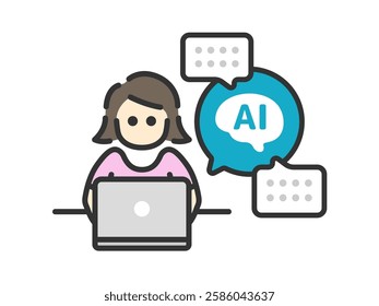 An illustration of a woman (line drawing color), seen from the front, who works using AI.