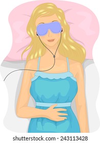 Illustration of a Woman Listening to Music While Sleeping With an Eye Mask