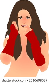 Illustration einer Frau mit langen schwarzen Haaren und durchdringenden blauen Augen mit ihren rot akzentuierten Händen anmutig um ihr Gesicht gewickelt.