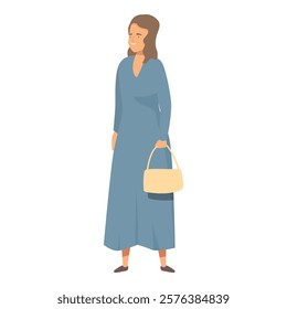 Illustration of a woman in a long dress holding a handbag and smiling