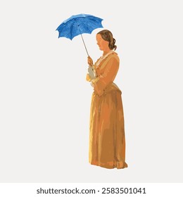 Illustration of a woman in a long dress holding a blue umbrella. Vintage style with a classic look. Elegant woman with an umbrella in a timeless pose. Vintage woman illustration isolated, vector.