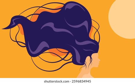 illustration of woman with long flowing hair. background wallpaper. 