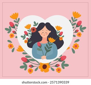 Illustration of a woman with long hair holding a flower, surrounded by a heart and floral elements on a pink background.