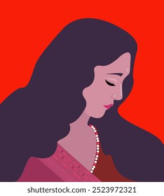 Ilustración de una mujer con el pelo largo en ropa india nacional. Mujer india en vestido tradicional