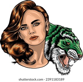 illustration of woman with long hair and roaring wild tiger head