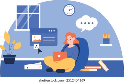 Illustration of a woman looking for content writing ideas for a website, an energetic illustration that gives the impression of a creative and intelligent person.