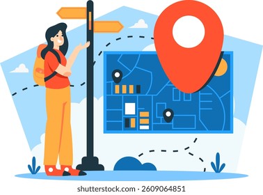 Illustration of a woman looking for direction with a flat design style and colorful