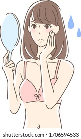 Illustration of a woman looking at a hand mirror with an uneasy expression