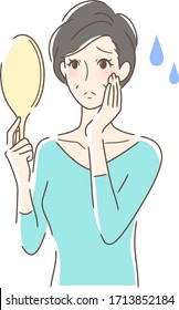 Illustration of a woman looking at a hand mirror with an uneasy expression