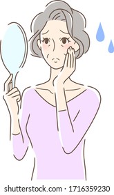 Illustration of a woman looking at a hand mirror with an uneasy expression