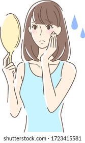 Illustration of a woman looking at a hand mirror with an uneasy expression