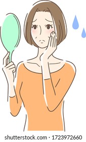 Illustration of a woman looking at a hand mirror with an uneasy expression