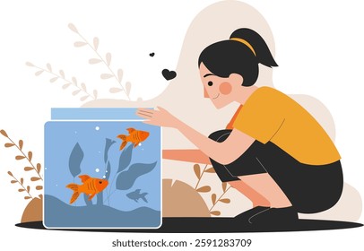 Illustration of a woman looking at her pet fish. This illustration depicts the warm relationship between a pet and its owner in a meaningful visual way.