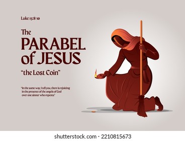 An Illustration of a woman looking for a lost coin. The Parable of the lost coin. Bible stories svg