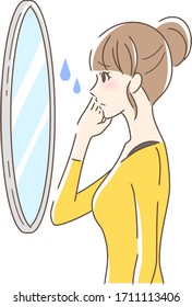 Illustration of a woman looking at the mirror with an uneasy expression