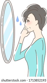 Illustration of a woman looking at the mirror with an uneasy expression
