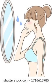 Illustration of a woman looking at the mirror with an uneasy expression