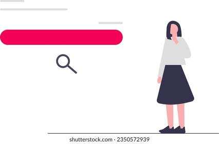 illustration of a woman looking at a search engine feature. Vector illustration