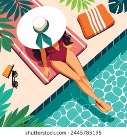 Ilustración de una mujer descansando junto a la piscina en un día de verano.