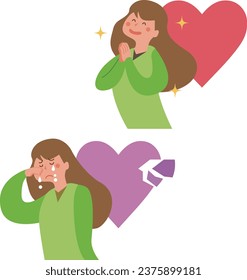 Illustration of a woman in love and a woman who is heartbroken