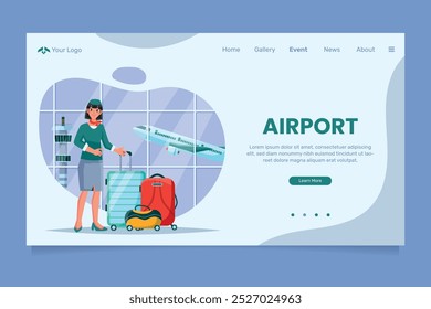 Illustration of a woman with luggage at an airport terminal, with a plane taking off in the background.