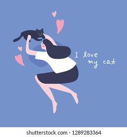 Illustration of a woman lying down with a cat. EPS10