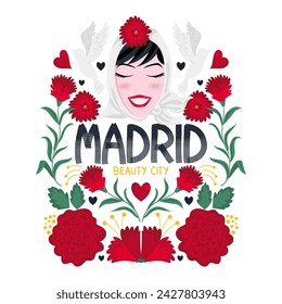 Illustration of a woman from Madrid, surrounded by carnations and with the phrase Madrid, beautiful city. Souvenir from Madrid. Print design