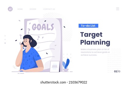 Illustration a woman make a personal target planning on landing page design