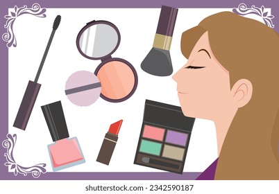 Illustration of a woman and makeup tools