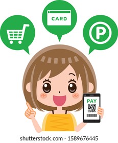 Illustration of a woman making a cashless payment.
