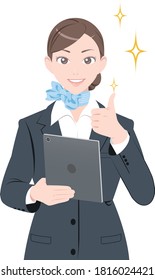 Illustration of a woman making the "GOOD!" hand sign, surprised woman on the phone, woman in a suit, white background