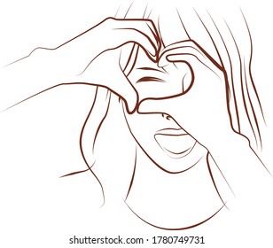 An illustration of a woman making a heart symbol with her hand and peering through it, smiling.