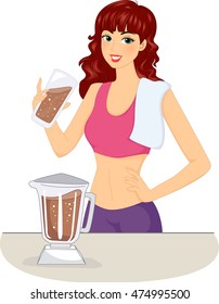 Illustration Of A Woman Making A Protein Shake