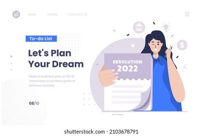 Illustration of a woman making a resolution plan list on landing page design
