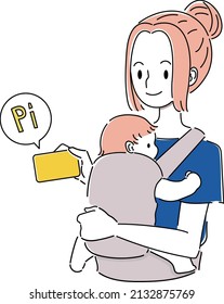 Illustration of a woman making touch payment with a card while holding a baby