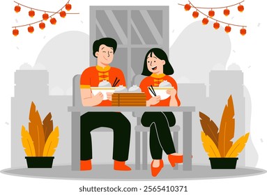Illustration of woman and man chatting while eating with flat design vector illustration 