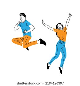 illustration of woman and man jumping happily