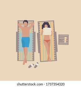 illustration of woman and man on the beach. People sunbathe in the sun. Vacation at sea. View from above. Colorful flat vector drawing.