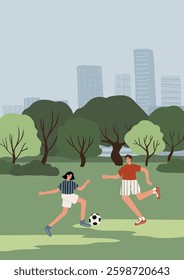 Illustration of woman and man playing soccer in a green park with city buildings in the background. Urban sports scene with nature, trees, and an active outdoor lifestyle. Flat vector illustration.