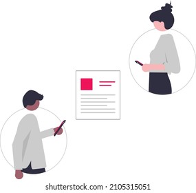 illustration of a woman and a man sharing an article with a document icon. Vector illustration