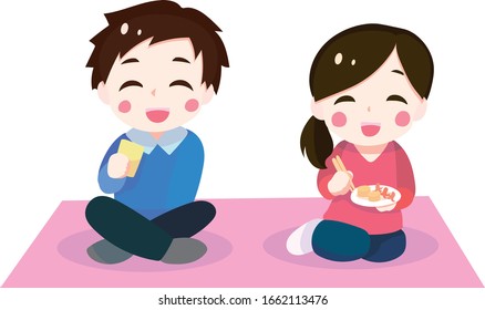 Illustration of a woman and a man sitting happily eating a rice ball