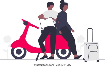 illustration of a woman and a man sitting on a vespa to travel with a suitcase. Vector illustration