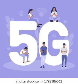 Illustration of woman and man with smartphones. Communication in social networks, online meeting, video call.  People use high speed internet 5G. Vector illustration in a flat style
