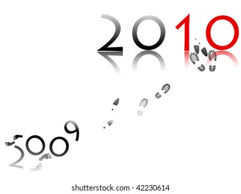 Illustration of woman and man steps from old 2009 to new 2010 year