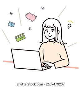 Illustration of woman managing money on laptop. Vector.