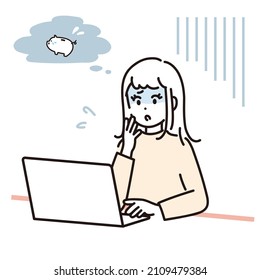 Illustration of a woman managing money on a pc suffering from a lack of money. Vector.