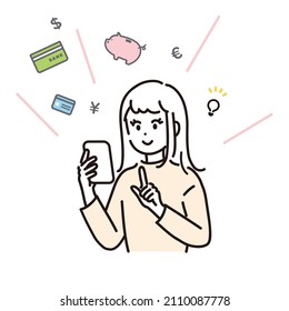 Illustration of woman managing money with smartphone. Vector.